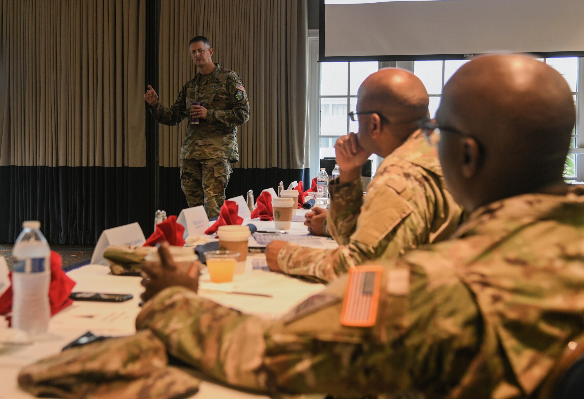 Col. Robert A. Long, Space Launch Delta 30 commander, welcomes participants of the first SLD 30 Senior Enlisted Leaders’ Summit, July 22, 2021, at Vandenberg Space Force Base, Calif. Long addressed SLD 30 leadership from across the Delta to acknowledge their contributions to the Air Force, Space Force and Team Vandenberg as they progress into a new organizational structure and evolving culture. Long encouraged the leaders to continue their efforts to identify what really matters to our Airmen and Guardians using a values-based and purpose-driven approach. (U.S. Space Force photo by Airman 1st Class Rocio Romo)