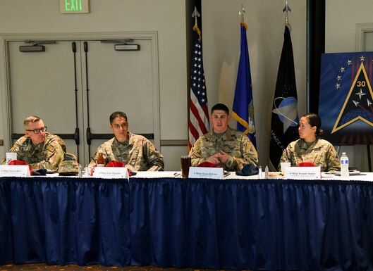 Chief Master Sgt. Jason DeLucy, Space Launch Delta 30 command chief, met with SLD 30 leadership from across the Delta to address their contributions to the Air Force and Space Force during the 2021 Senior Enlisted Leaders’ Summit, July 22, 2021, at Vandenberg Space Force Base, Calif. Chief Master Sgt. Luis Magaña, 30th Medical Group superintendent, advised emerging leaders to, “Be a strategic thinker, be operationally minded and be tactically engaged.” (U.S. Space Force photo by Airman 1st Class Rocio Romo)