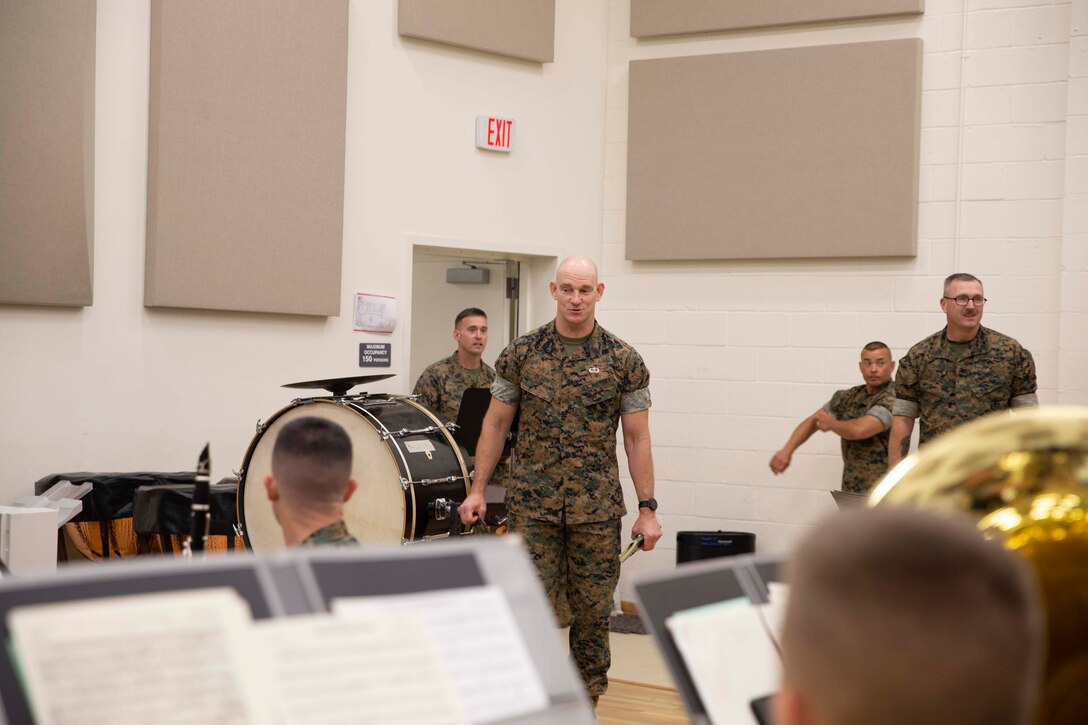 The 19th Sergeant Major of the Marine Corps, Sgt. Maj. Troy E. Black, addresses Marines at the Naval School of Music, Joint Expeditionary Base Little Creek - Fort Story, Virginia Beach, Va, July 14, 2021. The Sergeant Major of the Marine Corps spoke to the Marines to share with them his perspective as the senior most enlisted Marine in the Marine Corps. The Marine Detachment, Naval School of Music provides entry, intermediate, and career skill level training. (U.S. Marine Corps photo by Sgt. Victoria Ross)