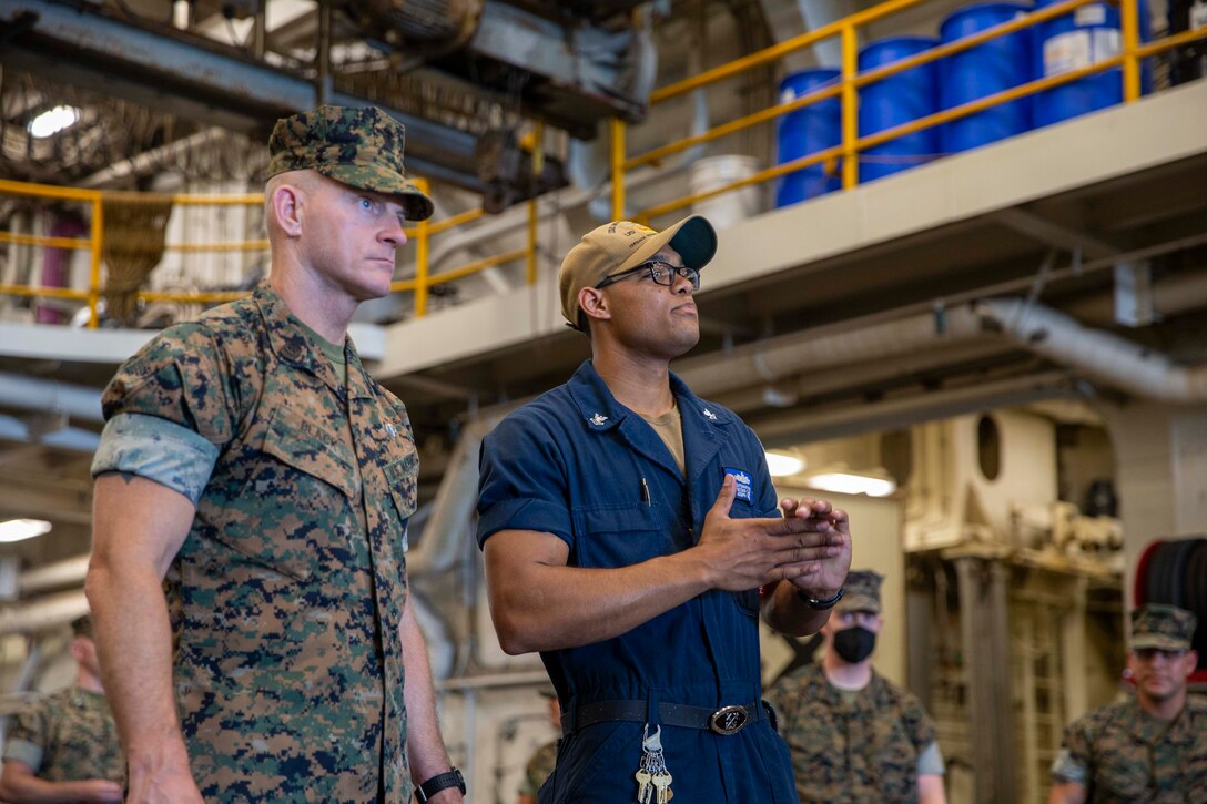 The 19th Sergeant Major of the Marine Corps, Sgt. Maj. Troy E. Black, observes the well deck during a tour of the USS Mesa Verde, Norfolk, Va, July 14, 2021. The Sergeant Major of the Marine Corps received a tour of the ship from the Marine ship team. The Marine ship team builds integration between the Marine Corps and the Navy to facilitate operations while underway. (U.S. Marine Corps photo by Sgt. Victoria Ross)