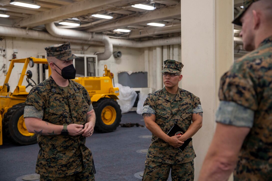 The 19th Sergeant Major of the Marine Corps, Sgt. Maj. Troy E. Black, tours the USS Mesa Verde, Norfolk, Va, July 14, 2021. The Sergeant Major of the Marine Corps received a tour of the ship from the Marine ship team. The Marine ship team builds integration between the Marine Corps and the Navy to facilitate operations while underway. (U.S. Marine Corps photo by Sgt. Victoria Ross)