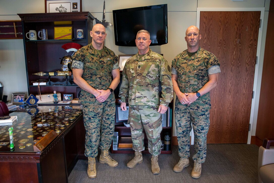 The 19th Sergeant Major of the Marine Corps, Sgt. Maj. Troy E. Black, tours the Brooke Army Medical Center, San Antonio, Texas, July 20, 2021. The Sergeant Major of the Marine Corps conducted the tour to get an update on the research and recovery facilities that support Wounded Warrior Battalion-East, San Antonio detachment. Wounded Warrior Battalion supports recovery, and non-medical care of combat and non-combat wounded, ill, and injured Marines, and sailors attached to Marine units, and their family members in order to maximize their recovery as they return to duty or transition to civilian life. (U.S. Marine Corps photo by Sgt. Victoria Ross)