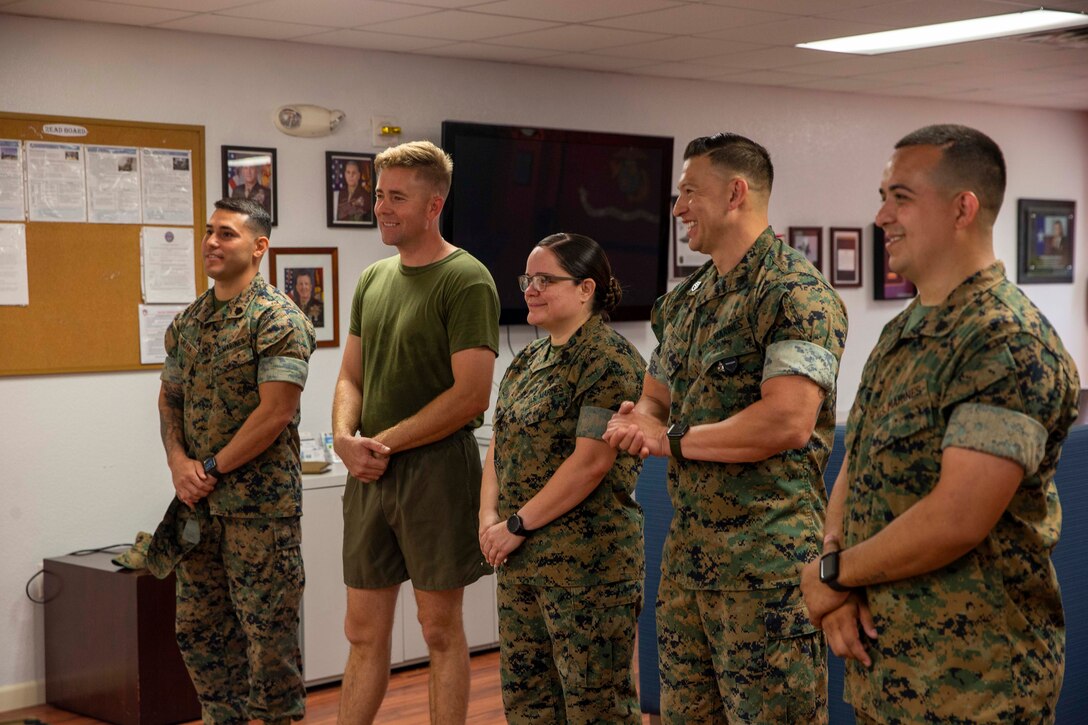 The 19th Sergeant Major of the Marine Corps, Sgt. Maj. Troy E. Black, addresses Marines at the Wounded Warrior Battalion-East, San Antonio detachment at the Brooke Army Medical Center, San Antonio, Texas, July 20, 2021. The Sergeant Major of the Marine Corps spoke to the Marines and staff to share with them his perspective as the senior most enlisted Marine in the Marine Corps. Wounded Warrior Battalion supports recovery, and non-medical care of combat and non-combat wounded, ill, and injured Marines, and sailors attached to Marine units, and their family members in order to maximize their recovery as they return to duty or transition to civilian life. (U.S. Marine Corps photo by Sgt. Victoria Ross)