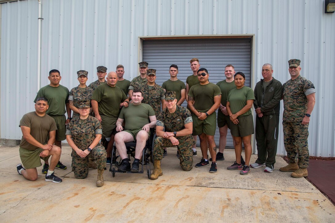 The 19th Sergeant Major of the Marine Corps, Sgt. Maj. Troy E. Black, addresses Marines at the Wounded Warrior Battalion-East, San Antonio detachment at the Brooke Army Medical Center, San Antonio, Texas, July 20, 2021. The Sergeant Major of the Marine Corps spoke to the Marines and staff to share with them his perspective as the senior most enlisted Marine in the Marine Corps. Wounded Warrior Battalion supports recovery, and non-medical care of combat and non-combat wounded, ill, and injured Marines, and sailors attached to Marine units, and their family members in order to maximize their recovery as they return to duty or transition to civilian life. (U.S. Marine Corps photo by Sgt. Victoria Ross)