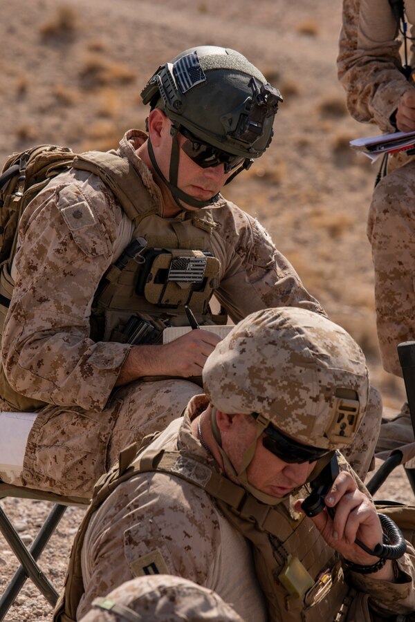Maj. Christopher Walker, a joint terminal attack controller evaluator with 3rd Battalion, 25th Marines participates in Fire Support Coordination Exercise (FSCEX) 1, a sub-event of Integrated Training Exercise (ITX) 4-21 at Marine Corps Air Ground Combat Center, Twentynine Palms, California on July 22. FSCEX allows Reserve Marines to coordinate various fires assets from across Marine Air Ground Task Force 25 to eliminate enemy positions in a simulated combat environment.  (U.S. Marine Corps photo by Sgt. JVonnta Taylor)