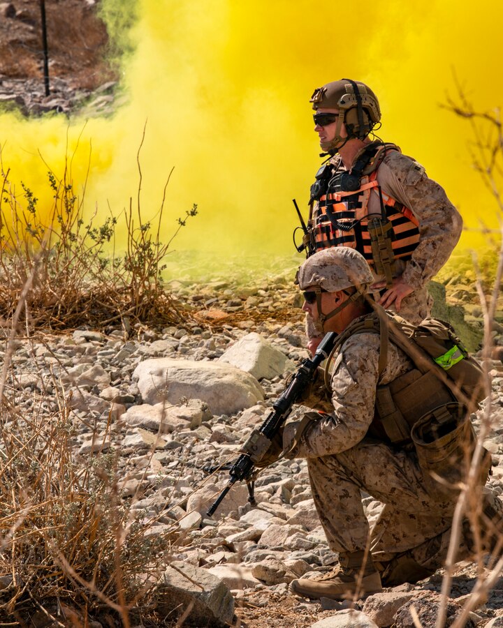 A Marine with India Company, 3rd Battalion, 25th Marines, 4th Marine Division, prepares to rush to an objective on Range 410A during Integrated Training Exercise (ITX) 4-21 at Marine Corps Air Ground Combat Center, Twentynine Palms, California on July 22. Range 410A provides Reserve Marines the opportunity to execute a fire and maneuver attack supported by mortarmen, machine gunners and combat engineers. (U.S. Marine Corps photo by Sgt. JVonnta Taylor)