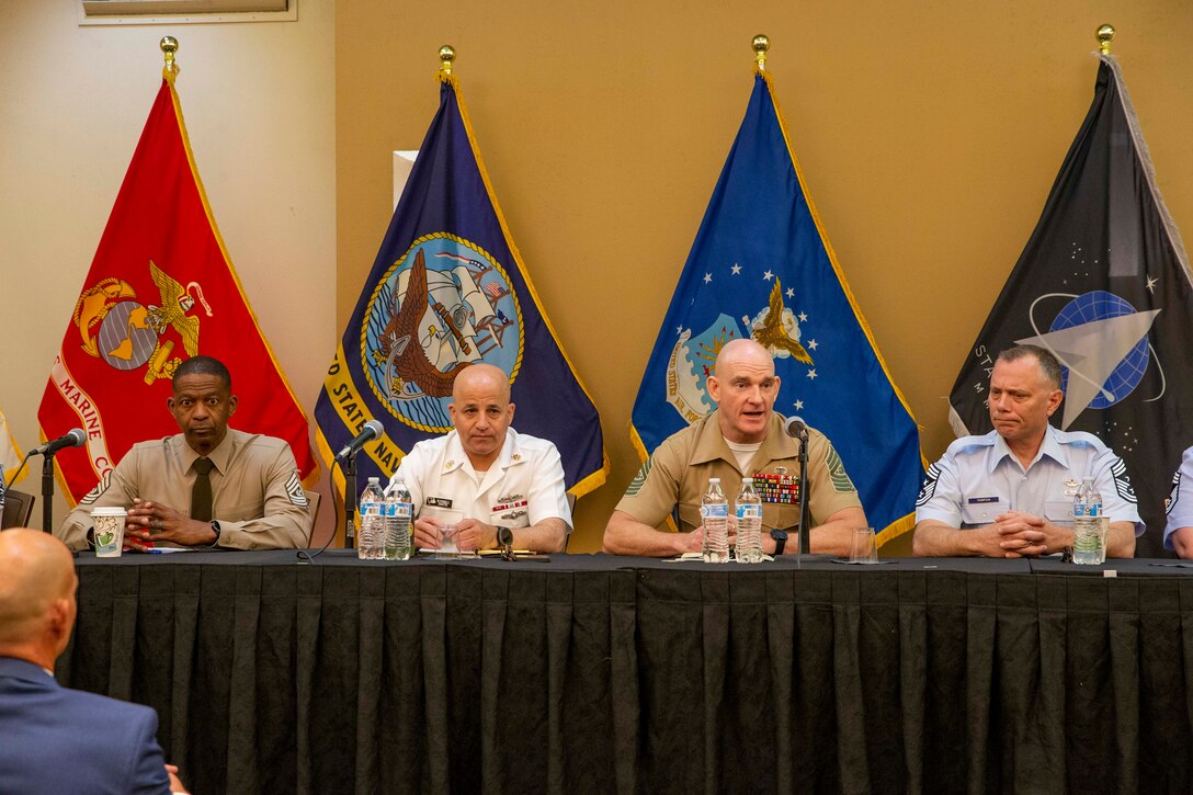 The 19th Sergeant Major of the Marine Corps, Sgt. Maj. Troy E. Black, attends the 2021 Annual Non-Commissioned Officers Association (NCOA) Conference, San Antonio, Tx, July 21, 2021. The Sergeant Major of the Marine Corps spoke as part of a panel of Senior Enlisted Advisors to discuss leadership and answer questions. The NCOA is made up of 40,000 members that are serving or have served in the Armed Forces. (U.S. Marine Corps photo by Sgt. Victoria Ross)