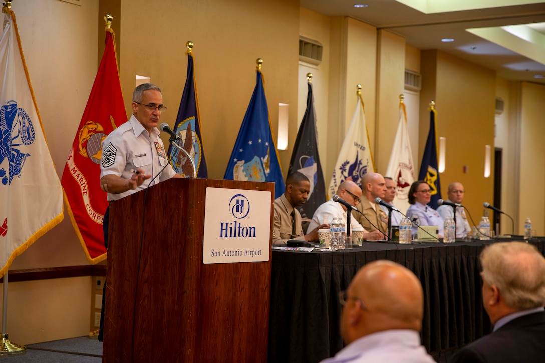 The 19th Sergeant Major of the Marine Corps, Sgt. Maj. Troy E. Black, attends the 2021 Annual Non-Commissioned Officers Association (NCOA) Conference, San Antonio, Tx, July 21, 2021. The Sergeant Major of the Marine Corps spoke as part of a panel of Senior Enlisted Advisors to discuss leadership and answer questions. The NCOA is made up of 40,000 members that are serving or have served in the Armed Forces. (U.S. Marine Corps photo by Sgt. Victoria Ross)
