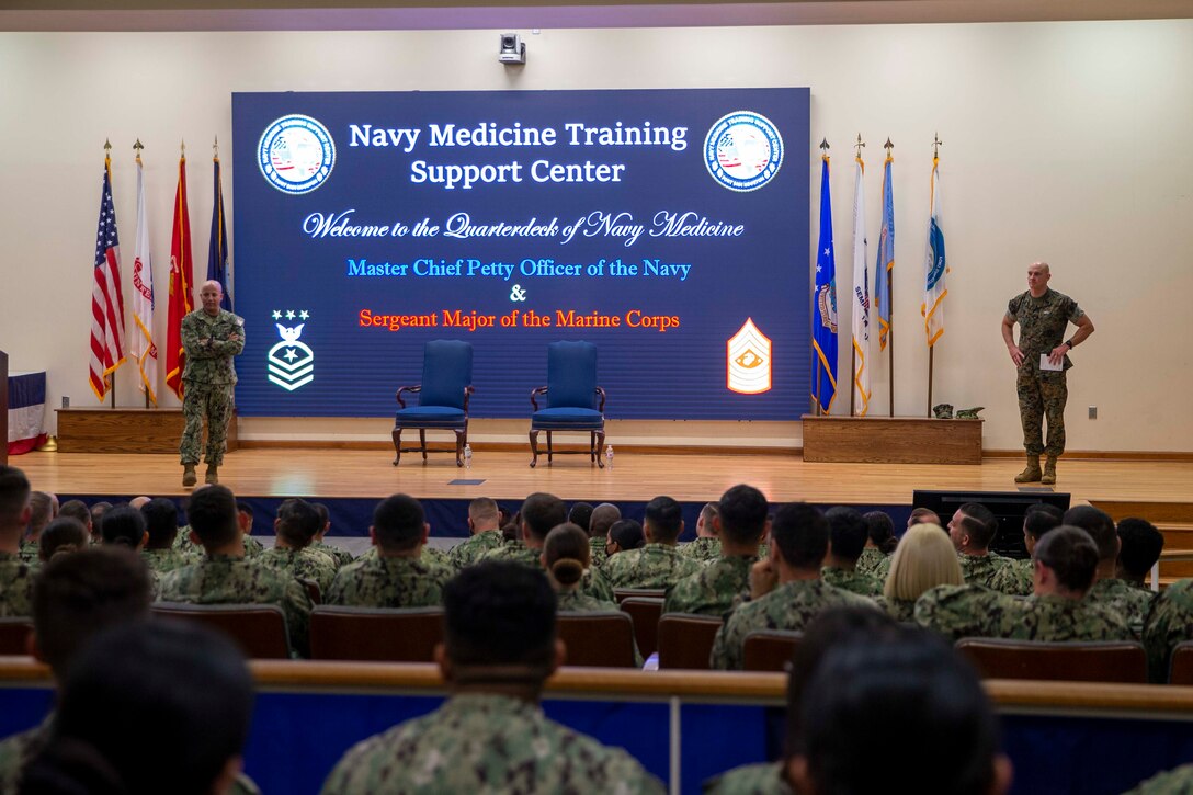 The 19th Sergeant Major of the Marine Corps, Sgt. Maj. Troy E. Black, addresses sailors at the Navy Medicine Training Support Center, Fort Sam Houston, San Antonio, Texas, July 21, 2021. The Sergeant Major of the Marine Corps spoke to the Sailors to share with them his perspective as the senior most enlisted Marine in the Marine Corps. The Navy Medicine Training Support Center (NMTSC) is the Navy component command that provides administrative and operational control over Navy staff and students assigned to the Medical Education & Training Campus (METC) and other medical programs in the San Antonio area. (U.S. Marine Corps photo by Sgt. Victoria Ross)