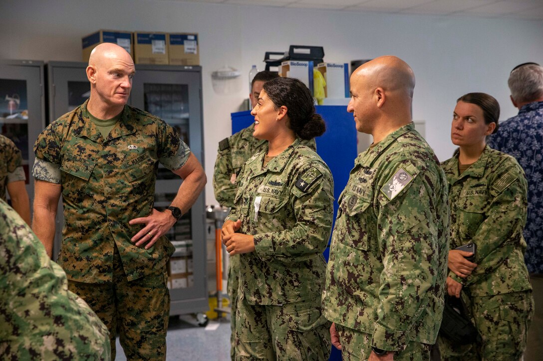 The 19th Sergeant Major of the Marine Corps, Sgt. Maj. Troy E. Black, addresses sailors at the Navy Medicine Training Support Center, Fort Sam Houston, San Antonio, Texas, July 21, 2021. The Sergeant Major of the Marine Corps spoke to the Sailors to share with them his perspective as the senior most enlisted Marine in the Marine Corps. The Navy Medicine Training Support Center (NMTSC) is the Navy component command that provides administrative and operational control over Navy staff and students assigned to the Medical Education & Training Campus (METC) and other medical programs in the San Antonio area. (U.S. Marine Corps photo by Sgt. Victoria Ross)