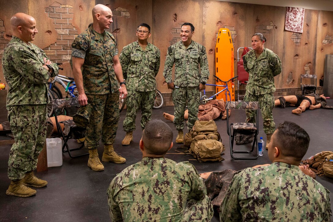 The 19th Sergeant Major of the Marine Corps, Sgt. Maj. Troy E. Black, addresses sailors at the Navy Medicine Training Support Center, Fort Sam Houston, San Antonio, Texas, July 21, 2021. The Sergeant Major of the Marine Corps spoke to the Sailors to share with them his perspective as the senior most enlisted Marine in the Marine Corps. The Navy Medicine Training Support Center (NMTSC) is the Navy component command that provides administrative and operational control over Navy staff and students assigned to the Medical Education & Training Campus (METC) and other medical programs in the San Antonio area. (U.S. Marine Corps photo by Sgt. Victoria Ross)