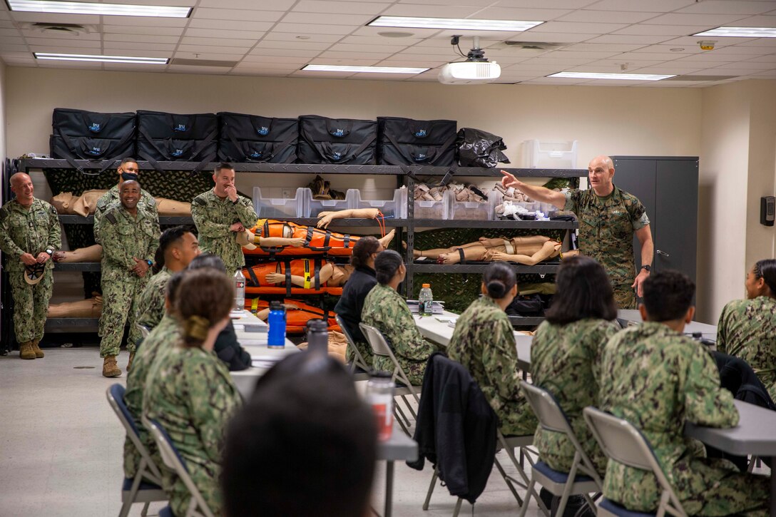 The 19th Sergeant Major of the Marine Corps, Sgt. Maj. Troy E. Black, addresses sailors at the Navy Medicine Training Support Center, Fort Sam Houston, San Antonio, Texas, July 21, 2021. The Sergeant Major of the Marine Corps spoke to the Sailors to share with them his perspective as the senior most enlisted Marine in the Marine Corps. The Navy Medicine Training Support Center (NMTSC) is the Navy component command that provides administrative and operational control over Navy staff and students assigned to the Medical Education & Training Campus (METC) and other medical programs in the San Antonio area. (U.S. Marine Corps photo by Sgt. Victoria Ross)