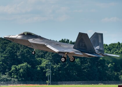 Royal Air Force Squadron Leader Alexander “Thorney” Thorne, 94th Fighter Squadron Foreign Exchange Officer, takes off at Joint Base Langley-Eustis June 15, 2021. Thorne participated in two deployments and flew countless missions in the F-22 Raptor, side-by-side with his American counterparts for three and a half years.