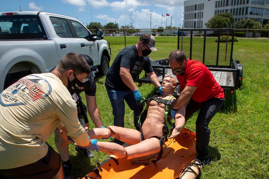 U.S. Army Corps of Engineers (USACE) Park Rangers practice emergency first aid techniques as part of USACE Galveston District's Ranger Appreciation and Refresher Training event, July 14. Policy requires all USACE Rangers to receive eight hours of training annually on a variety of topics such as self-defense, tactical communications, policy, changes in policy, and cultural demographics.