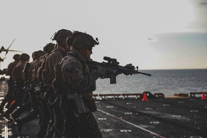 Marines with the 24th Marine Expeditionary Unit participate in a live-fire range aboard the Wasp-class amphibious assault ship USS Iwo Jima (LHD 7), April 16, 2021. 24th MEU, embarked with the Iwo Jima Amphibious Ready Group, is forward-deployed in the U.S. Sixth Fleet area of operations in support of U.S. national security interests in Europe and Africa.