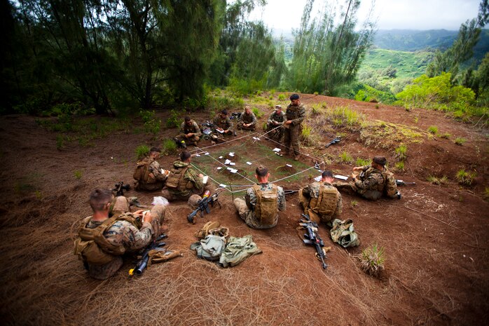 U.S. Marine Corps infantry squad leaders assigned to School of Infantry West, Detachment Hawaii, use a terrain model during the Advanced Infantry Course aboard Kahuku Training Area, Hawaii, July 20, 2016. AIC is intermediate training designed to enhance and test the Marine's skills and leadership abilities as squad leaders in a rifle platoon.