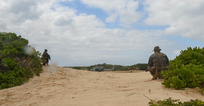 U.S. Marines with 3rd Battalion, 8th Marine Regiment, provide security during exercise Hagåtña Fury 21  on Ukibaru, Japan, Feb. 18, 2021. The exercise demonstrated that Marines are capable of seizing, defending, and providing expeditionary sustainment for key maritime terrain in support of the III Marine Expeditionary Force. 3/8 is attached to 3rd Marine Division as a part of the unit deployment program.