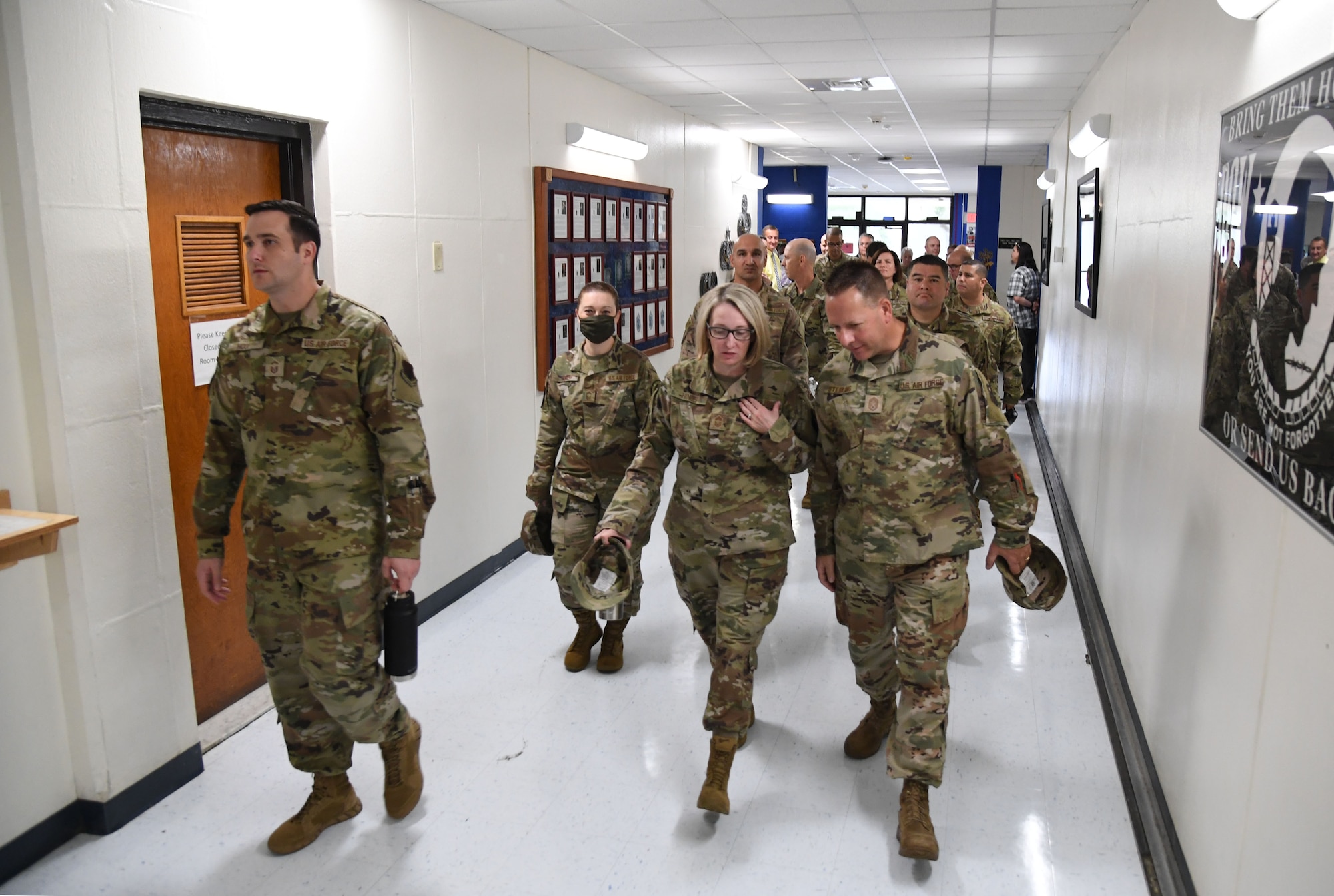 Conference attendees gather inside Bryan Hall to receive a tour and briefings on courses offered by the 338th Training Squadron at Keesler Air Force Base, Mississippi, July 21, 2021. The 81st Training Support Squadron hosted the Cyber Operations Specialty Training and Requirements Team Conference for cyber operations career field managers and MAJCOM functional managers July 19-23. (U.S. Air Force photo by Kemberly Groue)