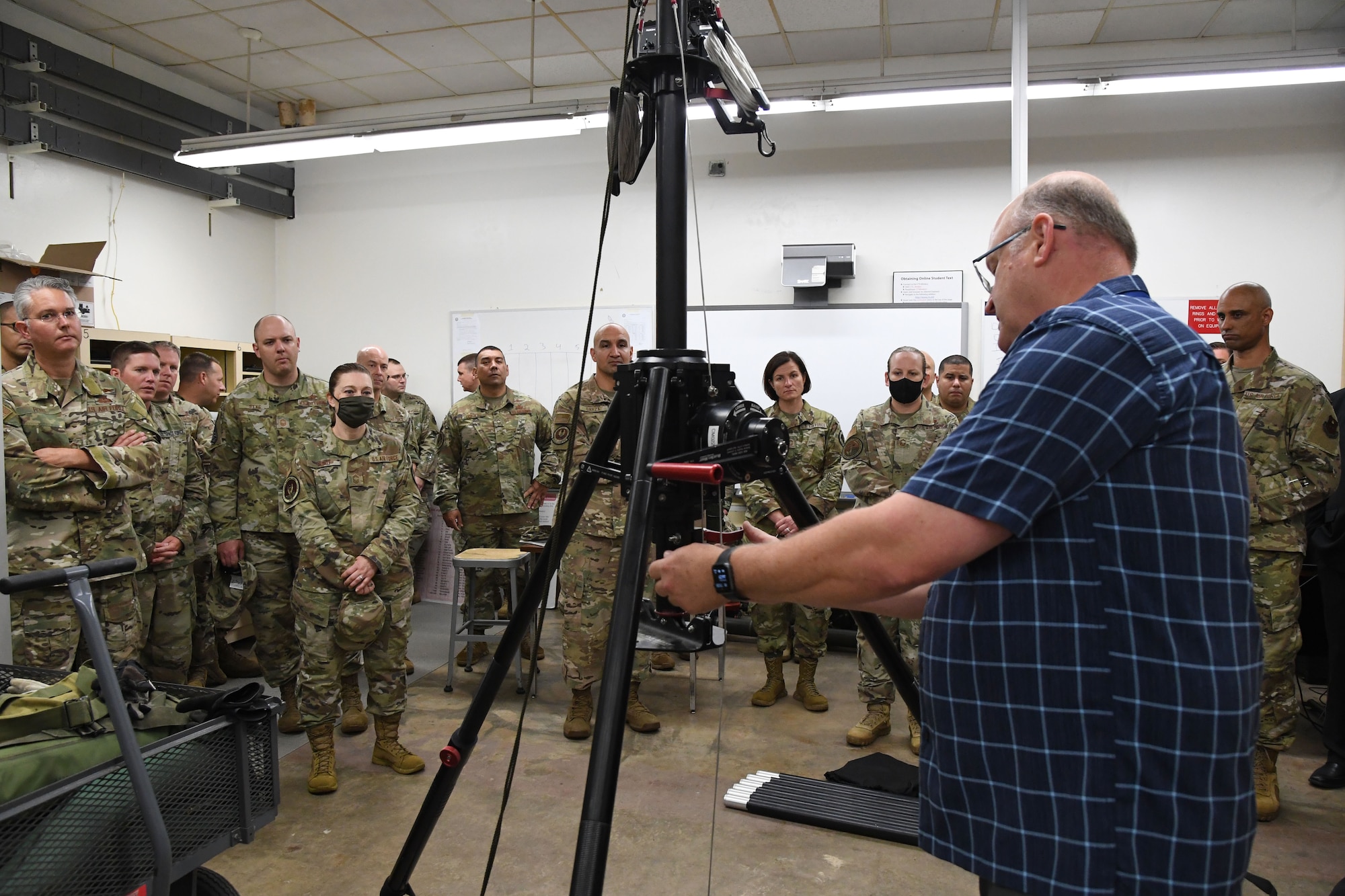 Joseph Spears, 338th Training Squadron instructor, provides a radio frequency transmissions course briefing inside Bryan Hall at Keesler Air Force Base, Mississippi, July 21, 2021. The 81st Training Support Squadron hosted the Cyber Operations Specialty Training and Requirements Team Conference for cyber operations career field managers and MAJCOM functional managers July 19-23. (U.S. Air Force photo by Kemberly Groue)