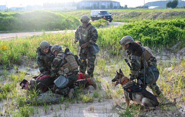 Airman arrest a simulated perpetrator.