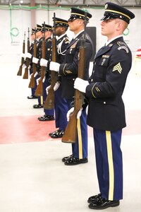 Soldiers practice drill and ceremony during the intensive Army National Guard Military Funeral Honors Level 2 course. Soldiers from seven different states participated in the 80-hour course held July 11-24 at Fort Indiantown Gap, Pa.