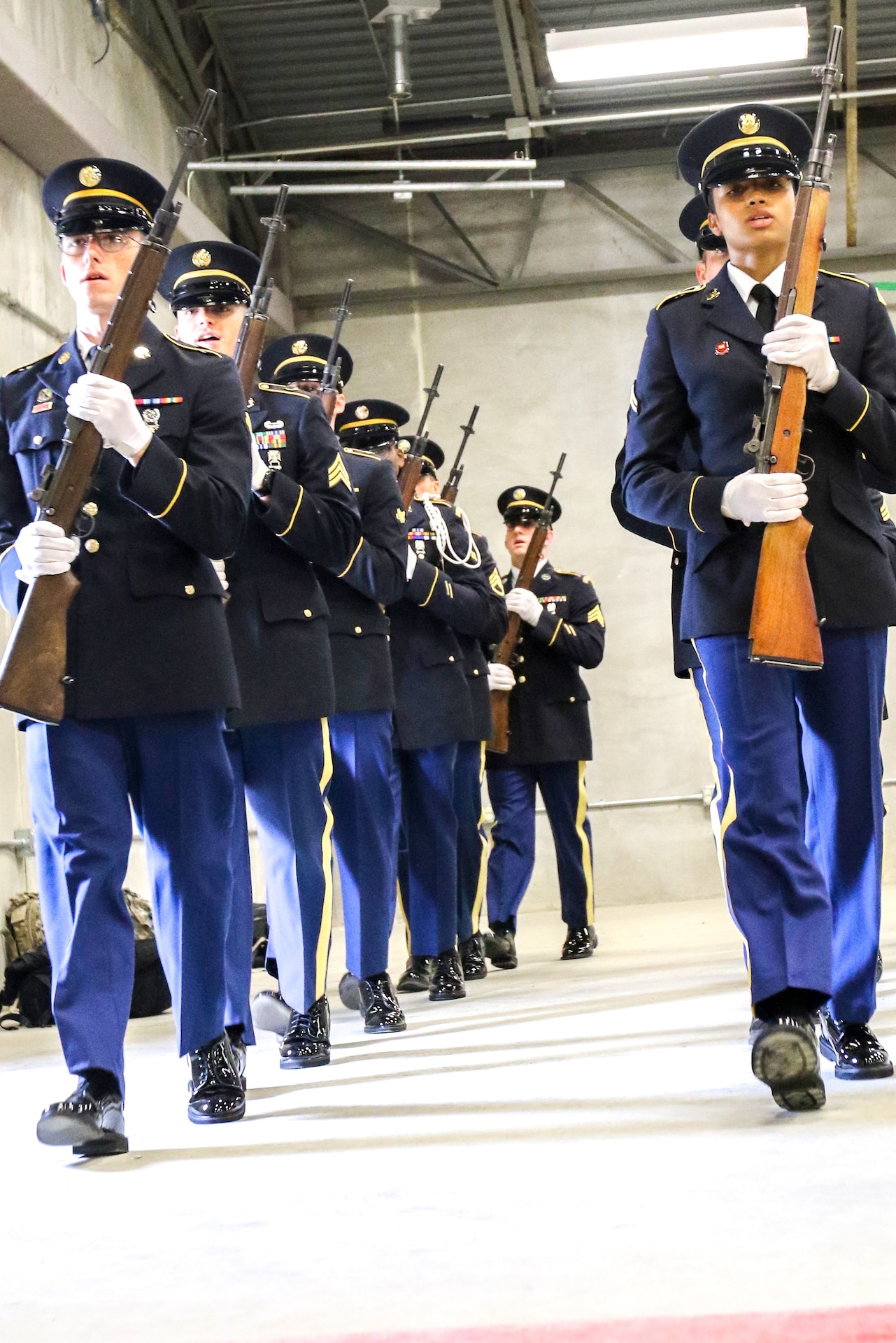 Soldiers practice drill and ceremony during the intensive Army National Guard Military Funeral Honors Level 2 course. Soldiers from seven different states participated in the 80-hour course held 11-24 July at Fort Indiantown Gap, Pa.