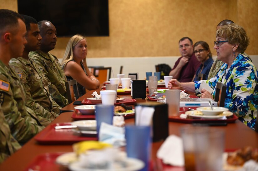 Virginia Penrod, Acting Undersecretary of Defense for Personnel and Readiness, speaks with Soldiers during a question and answer lunch while on her immersion tour on Joint Base Langley-Eustis, Virginia, July 16, 2021. Penrod visited multiple agencies and spoke with Soldiers and civilians. Immersion tours help senior leaders to gain insight and context that could later influence the policy making process.