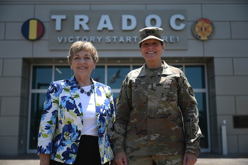 Virginia Penrod, Acting Undersecretary of Defense for Personnel and Readiness, poses for a photo with U.S. Army Lt. Gen. Maria R. Gervais, Deputy Commanding General/Chief of Staff, United States Army Training and Doctrine Command while on her immersion tour on Joint Base Langley-Eustis, Virginia, July 16, 2021. Penrod visited multiple agencies and spoke with Soldiers and civilians. Immersion tours help senior leaders to gain insight and context that could later influence the policy making process.