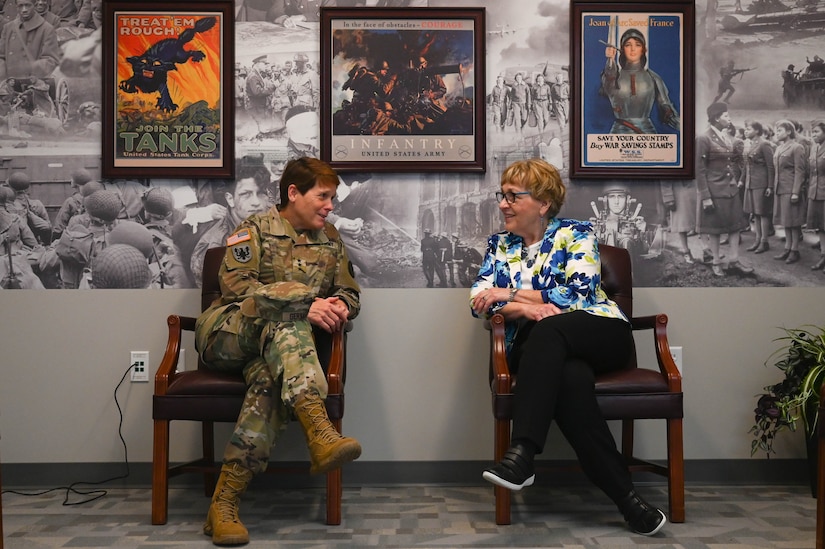 Virginia Penrod, Acting Undersecretary of Defense for Personnel and Readiness, speaks with Lieutenant General Maria R. Gervais, Deputy Commanding General/Chief of Staff, United States Army Training and Doctrine Command while on her immersion tour on Joint Base Langley-Eustis, Virginia, July 16, 2021.
Penrod visited multiple agencies and spoke with Soldiers and civilians. Immersion tours help senior leaders to gain insight and context that could later influence the policy making process.
