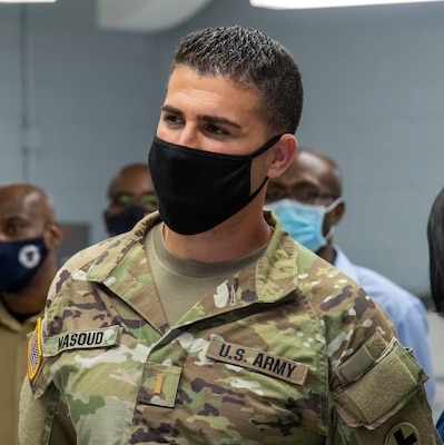 2nd Lt. Fahim Masoud, of Stafford, Virginia, Company D, 766th Brigade Engineer Battalion, based in Bloomington, Illinois, was among members of the Illinois National Guard activated to assist local health departments at mass vaccination sites. Masoud serves as the Officer-in-Charge of the mass vaccination site in Matteson, Illinois.