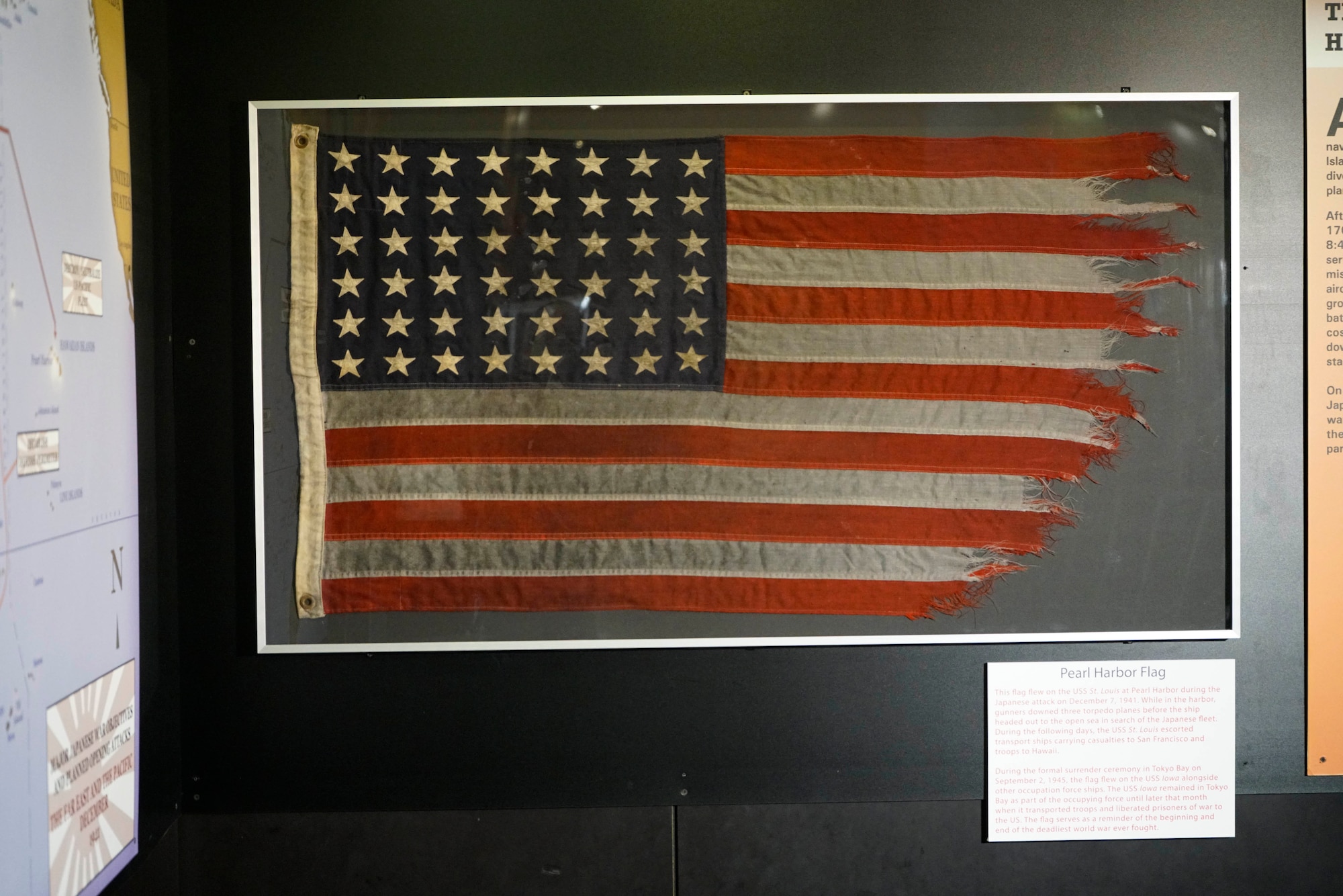 This flag was flown on the U.S.S. St. Louis at Pearl Harbor on Dec. 7, 1941, the day of the Japanese attack