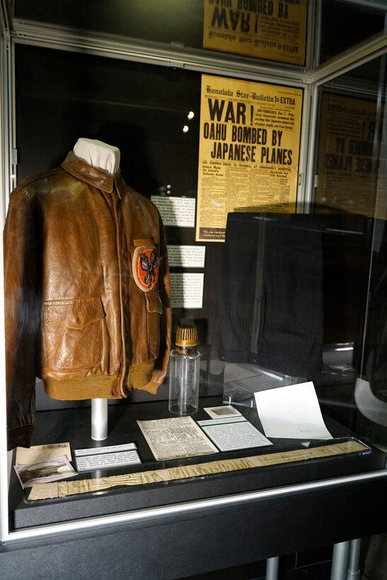 A-2 flying jacket worn by the donor, Col. (Ret.) Lew Sanders.