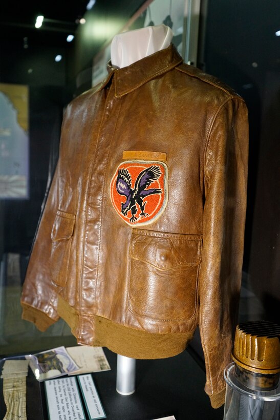 A-2 flying jacket worn by the donor, Col. (Ret.) Lew Sanders.