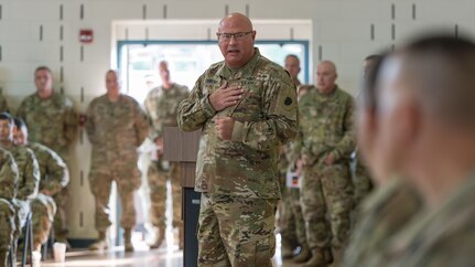 Major General Michael Zerbonia, Assistant Adjutant General – Army of the Illinois National Guard and Commander of the Illinois Army National Guard addresses assembled guests at the 33rd Infantry Brigade Combat Team change of command in 2017. Zerbonia, who has served in the U.S. Army and Illinois Army National Guard for nearly 40 years, will retire at the end of July.