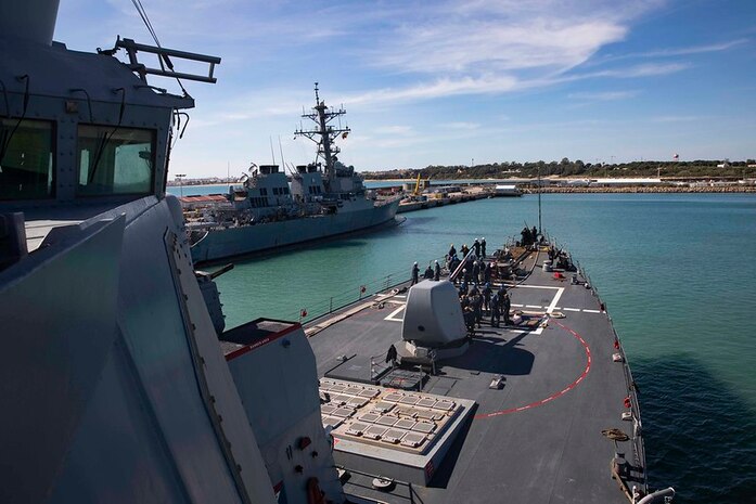 The Arleigh Burke-class guided-missile destroyer USS Porter (DDG 78) returns to Rota, Spain, March 14, 2021.