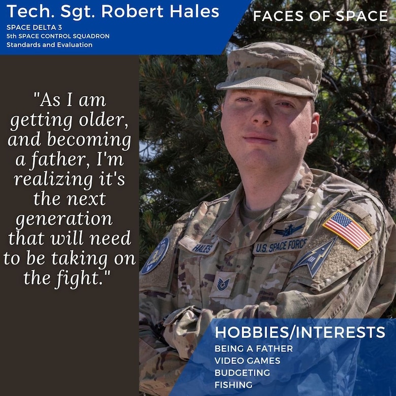 PETERSON SPACE FORCE BASE, Colo. -- U.S. Space Force Tech. Sgt. Robert Hales, Space Delta 3 – Space Electronic Warfare, 5th Space Control Squadron Standards and Evaluation non-commissioned officer in charge, poses for a photo at Peterson Space Force Base, Colorado, July 23, 2021. Hale spoke on being a father, family history and what he does and how it supports the overall mission. The mission of 5th Space Control Squadron is to provide flexible and responsive space control capabilities to the commander, U.S. Space Command in order to protect and defend national security space capabilities. (U.S. Space Force photo by Staff Sgt. Matthew Coleman-Foster)