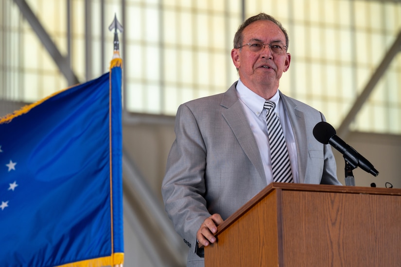 Lt. Gen. (ret) David Deptula, dean of the Mitchell Institute of Aerospace Power Studies, gives a commemoration speech at Joint Base Langley-Eustis, Virginia, July 21, 2021.