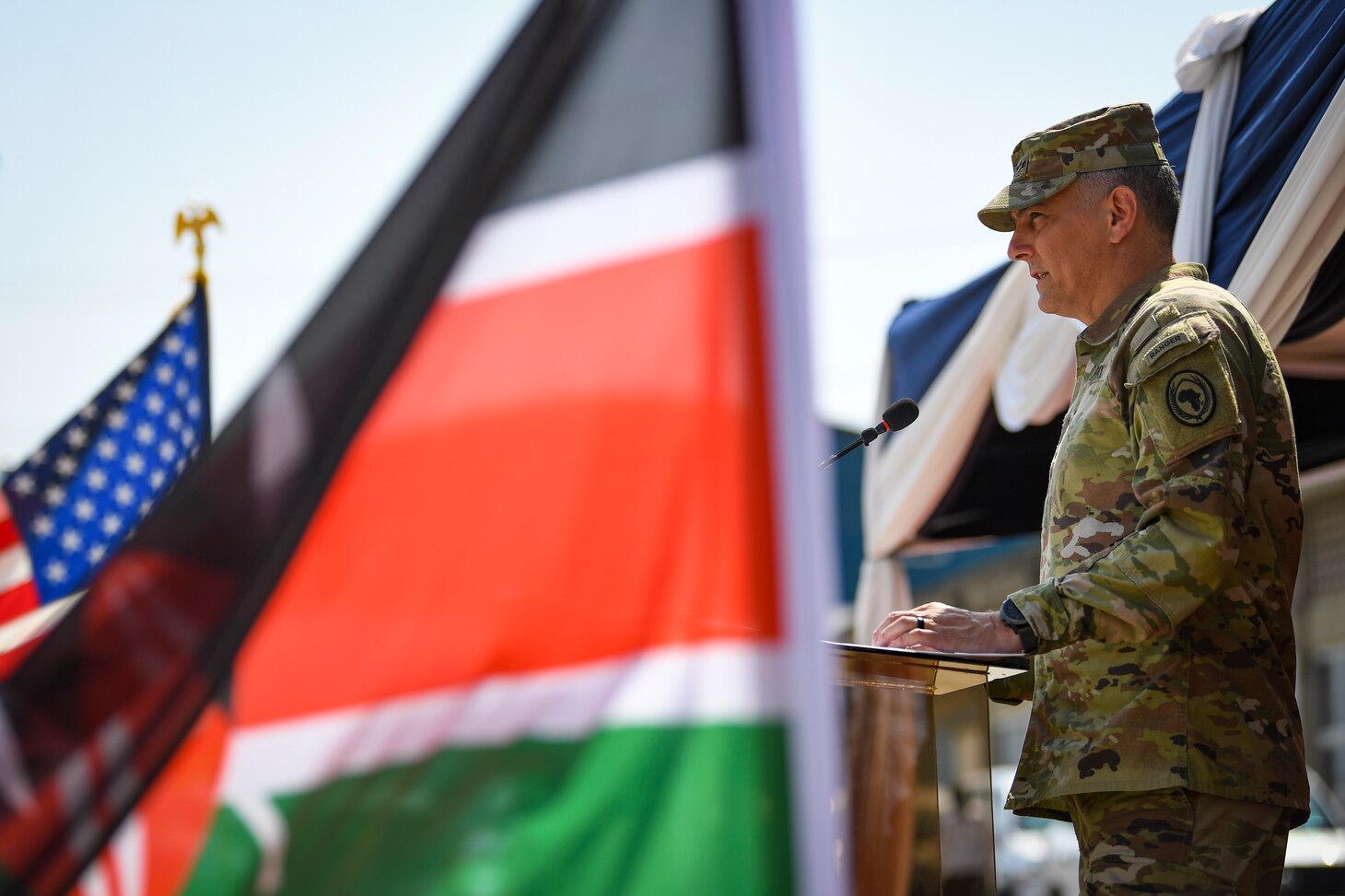 (July 26, 2021) Gen. Stephen Townsend, commander, U.S. Africa Command, delivers remarks during the opening ceremony of exercise Cutlass Express 2021 held at the Bandari Maritime Academy in Mombasa, Kenya, July 26, 2021. Cutlass Express is designed to improve regional cooperation, maritime domain awareness and information sharing practices to increase capabilities between the U.S., East African and Western Indian Ocean nations to counter illicit maritime activity.