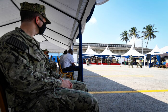 (July 26, 2021) Rear Adm. Michael Curran, Director, Readiness and Logistics, U.S. Naval Forces Europe-Africa, delivers remarks during the opening ceremony of exercise Cutlass Express 2021 held at the Bandari Maritime Academy in Mombasa, Kenya, July 26, 2021. Cutlass Express is designed to improve regional cooperation, maritime domain awareness and information sharing practices to increase capabilities between the U.S., East African and Western Indian Ocean nations to counter illicit maritime activity.