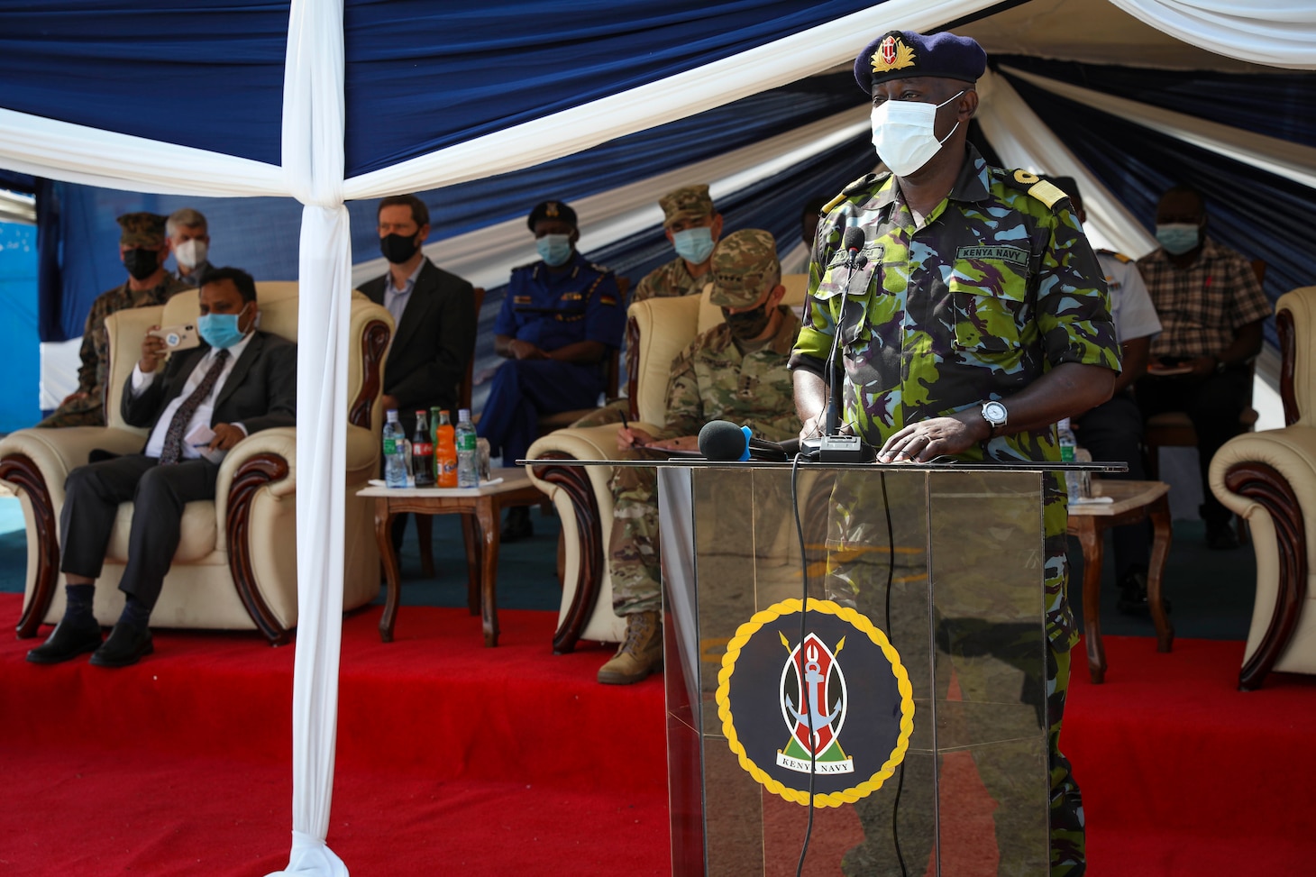 (July 26, 2021) Brig. Gen. Thomas N. Nganga, Commander, Kenya Naval Base Mtongwe, delivers remarks during the opening ceremony of exercise Cutlass Express 2021 held at the Bandari Maritime Academy in Mombasa, Kenya, July 26, 2021. Cutlass Express is designed to improve regional cooperation, maritime domain awareness and information sharing practices to increase capabilities between the U.S., East African and Western Indian Ocean nations to counter illicit maritime activity. (U.S. Navy Photo by Mass Communication Specialist 1st Class Frederick Gray)