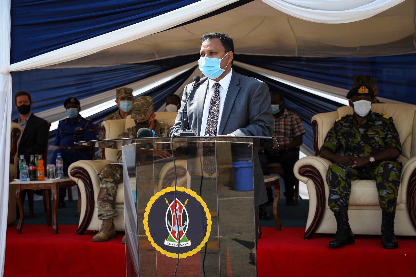 July 26, 2021) Indian High Commissioner Mr. Ashish Sinha delivers remarks during the opening ceremony of exercise Cutlass Express 2021 held at the Bandari Maritime Academy in Mombasa, Kenya, July 26, 2021. Cutlass Express is designed to improve regional cooperation, maritime domain awareness and information sharing practices to increase capabilities between the U.S., East African and Western Indian Ocean nations to counter illicit maritime activity. (U.S. Navy Photo by Mass Communication Specialist 1st Class Frederick Gray)
