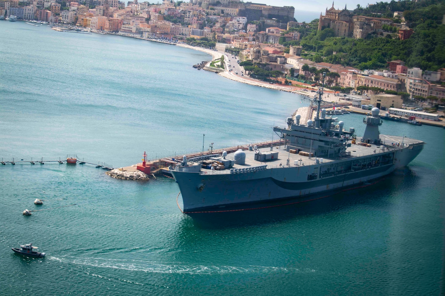 The Blue Ridge-class command and control ship USS Mount Whitney (LCC 20) sits in port in Gaeta, Italy, May 15, 2020. Mount Whitney is currently practicing social distancing and other protective measures in response to COVID-19. Mount Whitney is the U.S. 6th Fleet flagship, homeported in Gaeta, and operates with a combined crew of U.S. Sailors and Military Sealift Command civil service mariners.