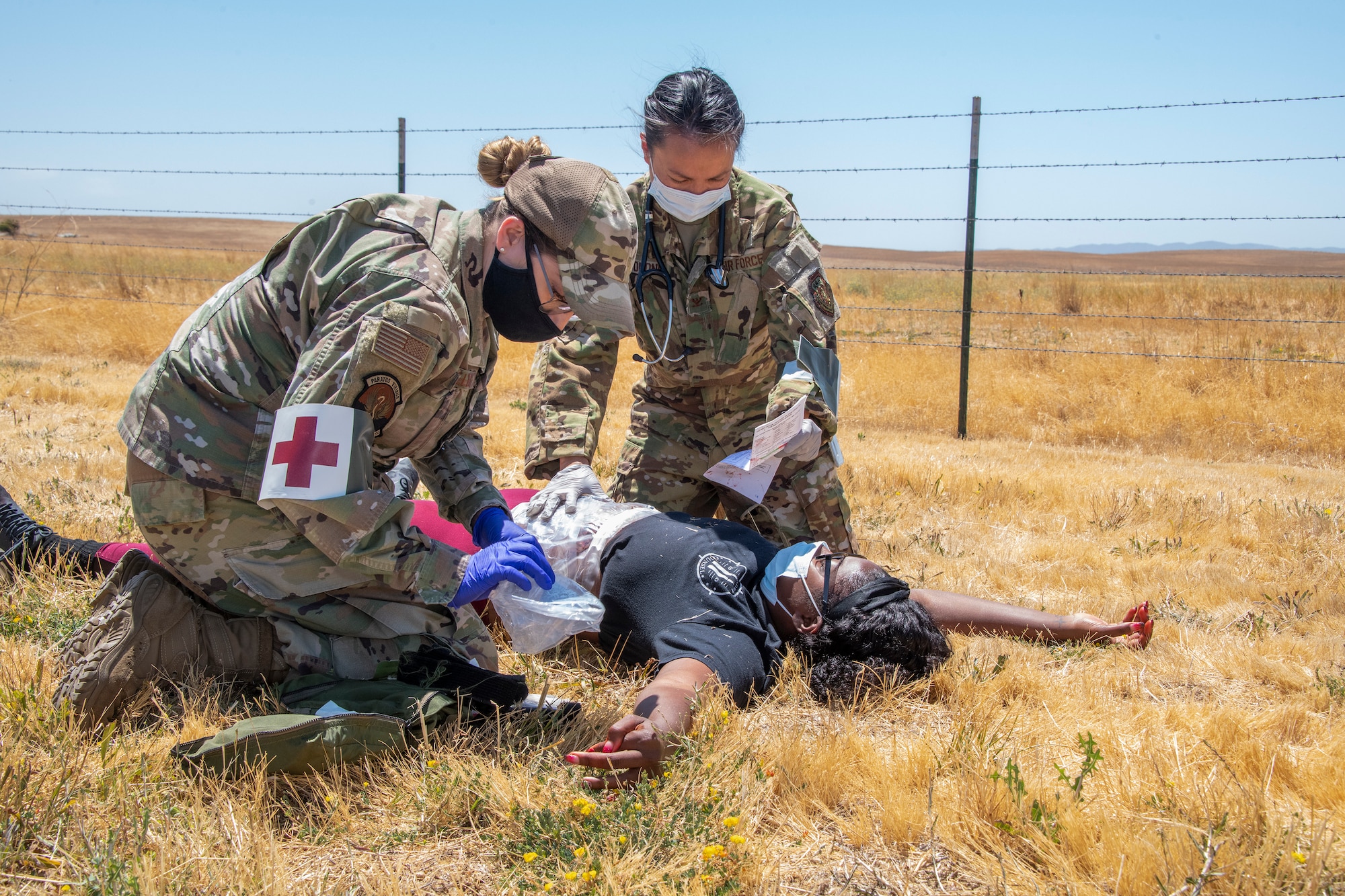 Airmen participating in a medical training exercise