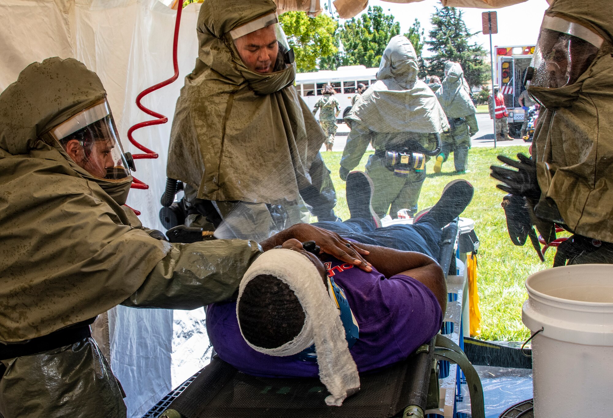Airmen participating in a medical training exercise