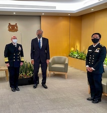 SINGAPORE (July 26, 2021) - Chief of Naval Operations (CNO) Adm. Mike Gilday meets with Minister for Defence Dr Ng Eng Hen at the Singapore Ministry of Defence during a trip to the region. Gilday visited the region to meet with senior military and government leadership to reaffirm the U.S. Navy’s commitment to our partners and allies and help keep the seas open and free. (U.S. Navy photo by Cmdr. Nate Christensen/Released)