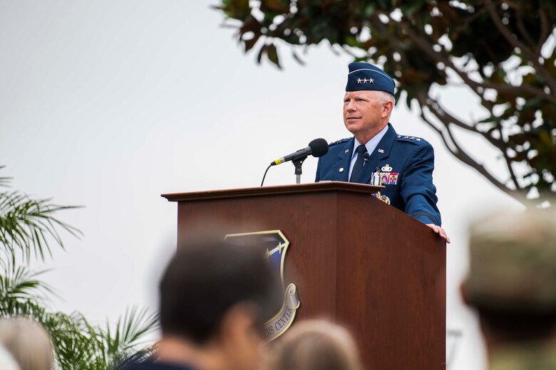 U.S. Air Force Lt. Gen. John F. Thompson, Space and Missile Systems Center commander and Department of the Air Force Program Executive Officer for Space, speaks during his retirement ceremony at Los Angeles Air Force Base, California on July 27, 2021. Thompson thanked his wife, Ruth Anne and children Margaret, Johnny and Claire (who attended virtually), who received certificates of appreciation reflecting their numerous contributions that have made positive impacts to the nation’s defense. (U.S. Space Force photo by Staff Sgt. Luke Kitterman)