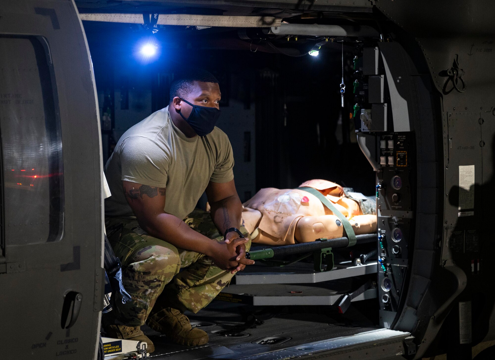 Camp Humphreys soldier waits for simulated medevac patient at Kunsan Air Base.