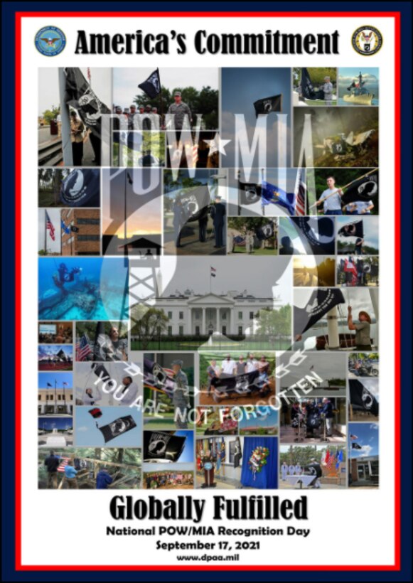 A poster shows a semi-transparent POW/MIA graphic superimposed on a collage of images relevant to National POW/MIA Recognition Day.