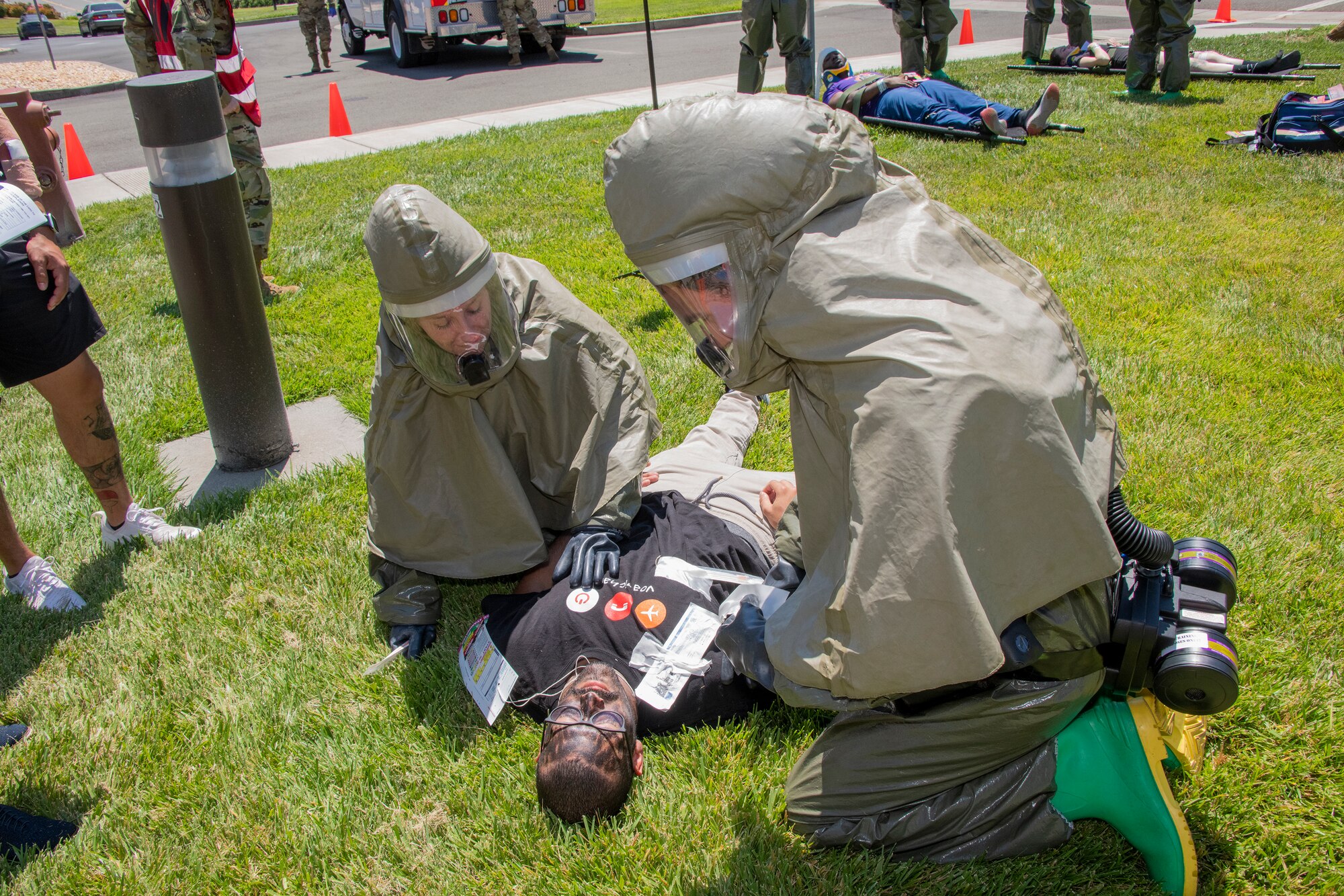 Airmen participating in a medical training exercise