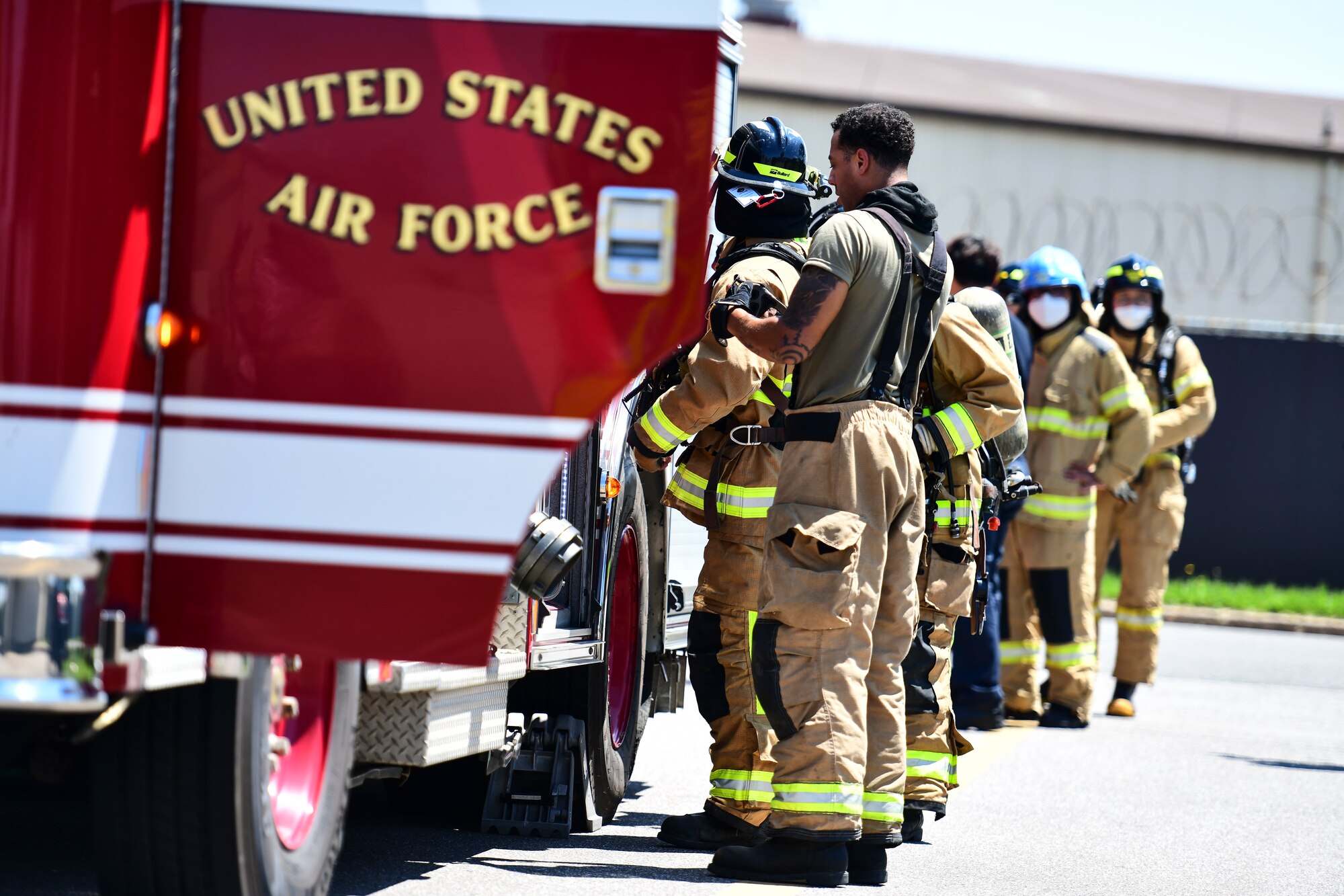 Firefighters arrives to a scene.